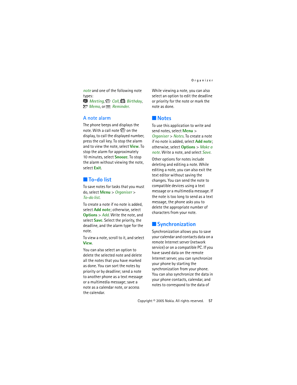 A note alarm, To-do list, Notes | Synchronization, To-do list notes synchronization | Nokia 3220 User Manual | Page 57 / 87