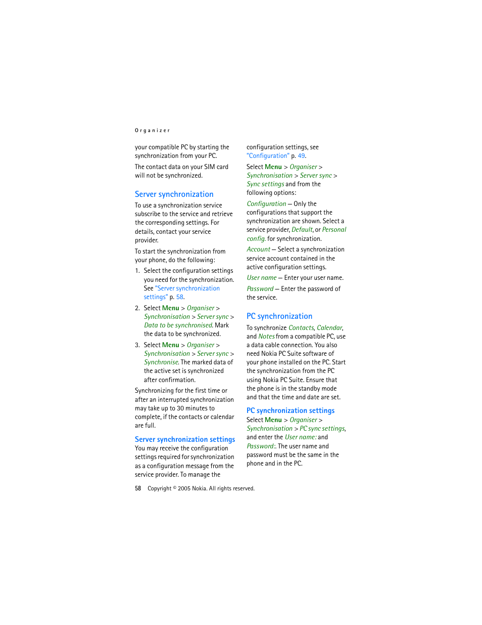 Server synchronization, Pc synchronization, Server synchronization pc synchronization | Nokia 3220 User Manual | Page 58 / 87