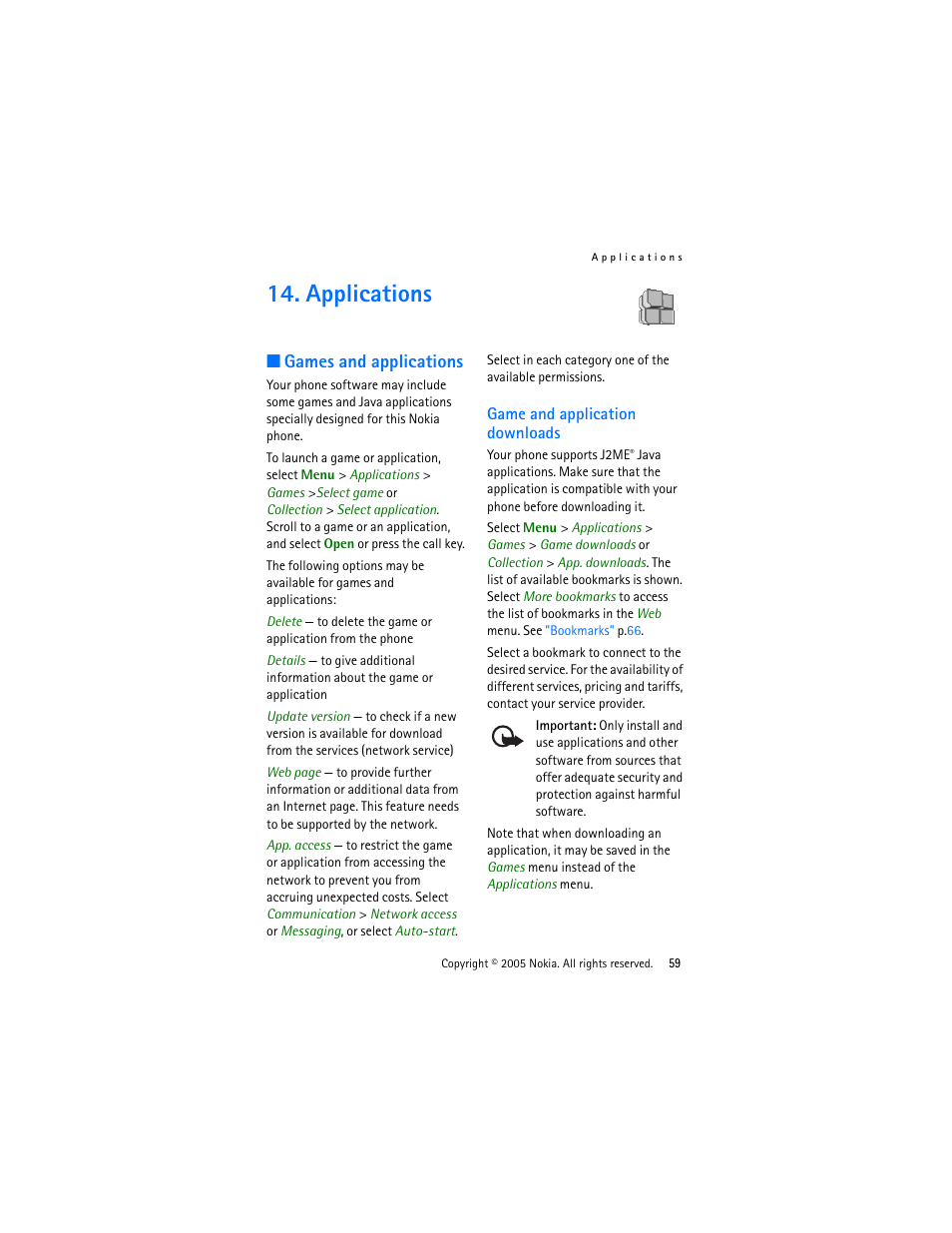 Applications, Games and applications, Game and application downloads | Game and application downloads. 59 | Nokia 3220 User Manual | Page 59 / 87