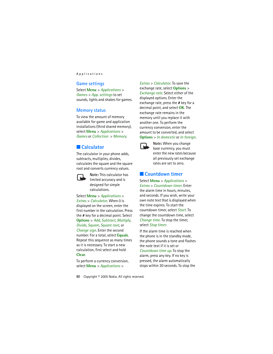 Game settings, Memory status, Calculator | Countdown timer, Game settings memory status | Nokia 3220 User Manual | Page 60 / 87