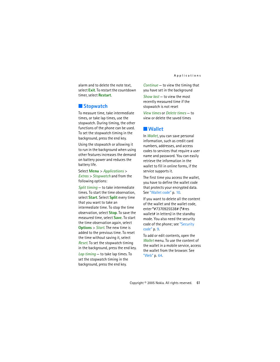 Stopwatch, Wallet, Stopwatch wallet | Nokia 3220 User Manual | Page 61 / 87