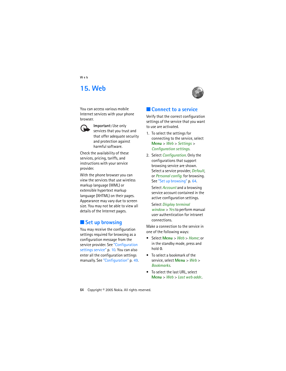 Set up browsing, Connect to a service, Set up browsing connect to a service | Nokia 3220 User Manual | Page 64 / 87