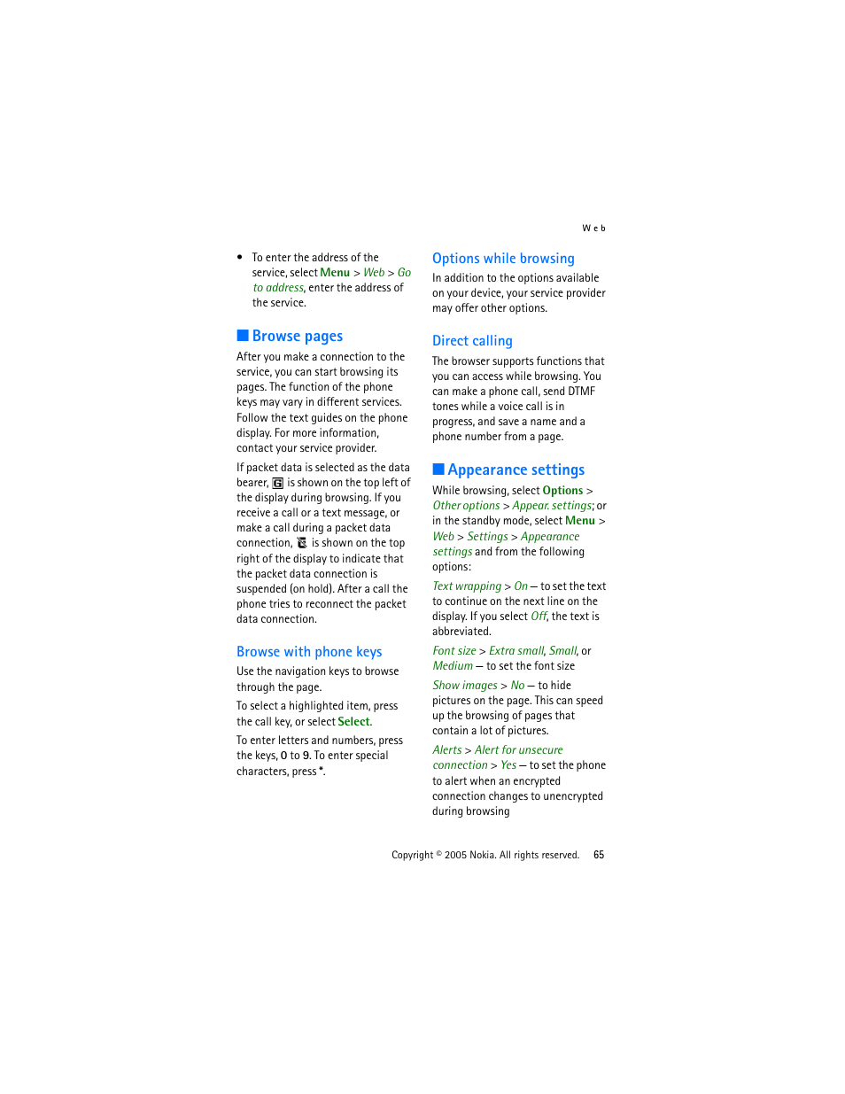 Browse with phone keys, Options while browsing, Direct calling | Appearance settings, Browse, Browse pages | Nokia 3220 User Manual | Page 65 / 87