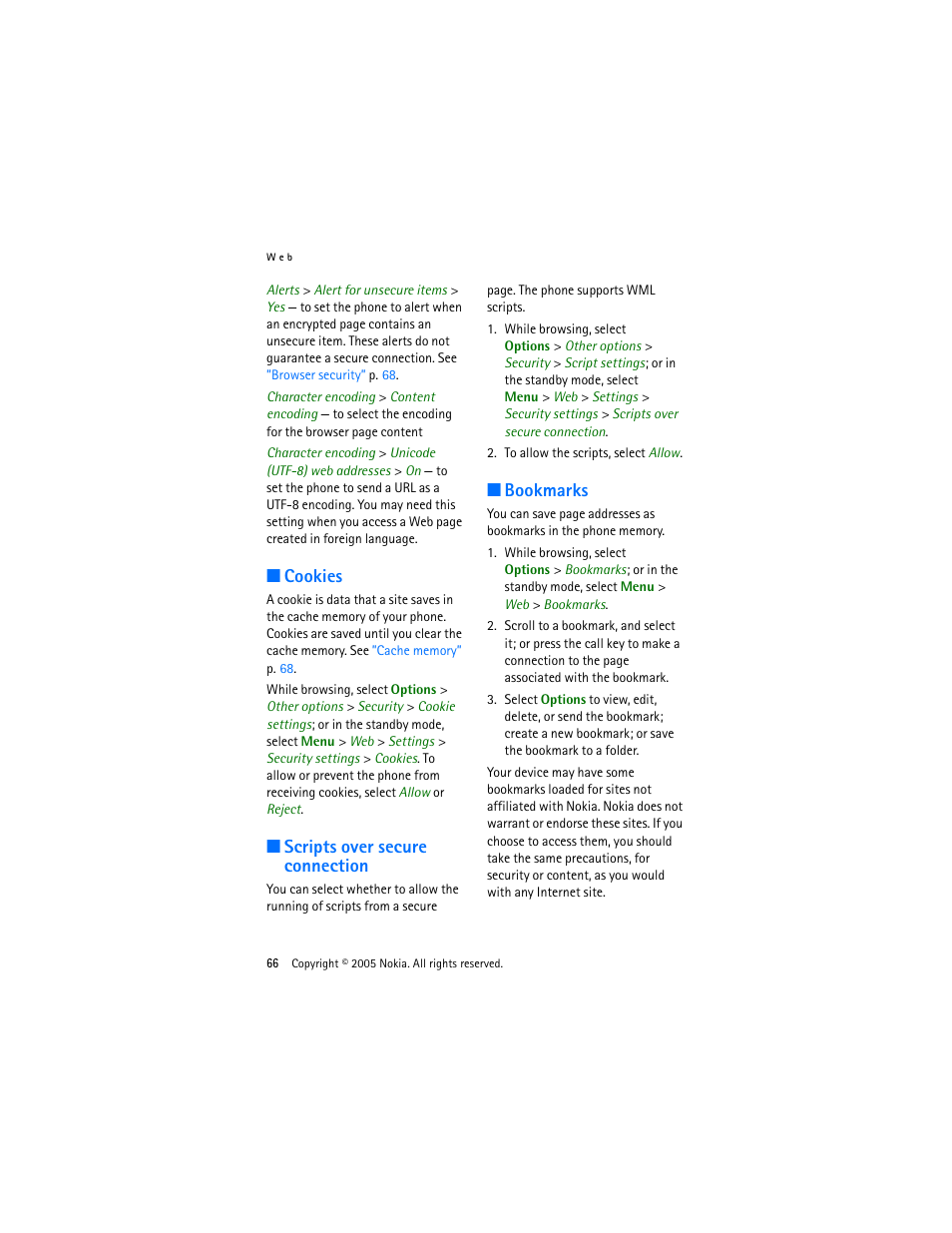 Cookies, Scripts over secure connection, Bookmarks | Cookies scripts over secure connection bookmarks | Nokia 3220 User Manual | Page 66 / 87