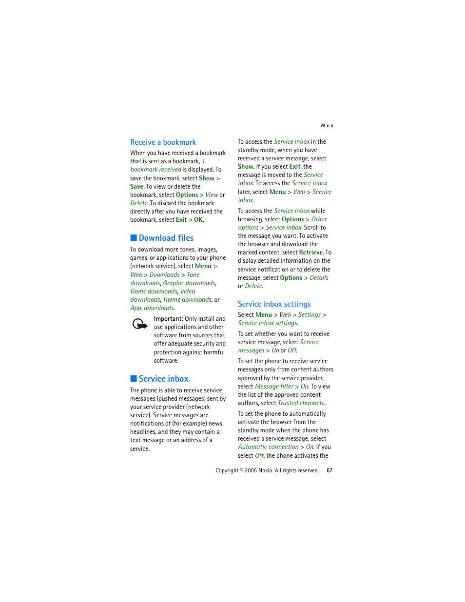 Receive a bookmark, Download files, Service inbox | Service inbox settings, Download files service inbox | Nokia 3220 User Manual | Page 67 / 87