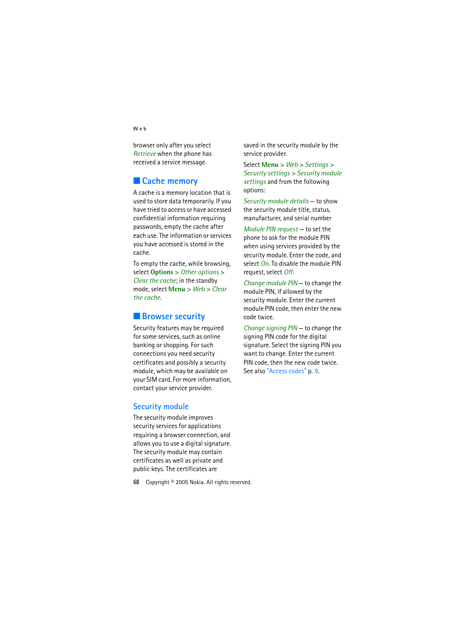 Cache memory, Browser security, Security module | Cache memory browser security, Module. see, Cache, Memory | Nokia 3220 User Manual | Page 68 / 87