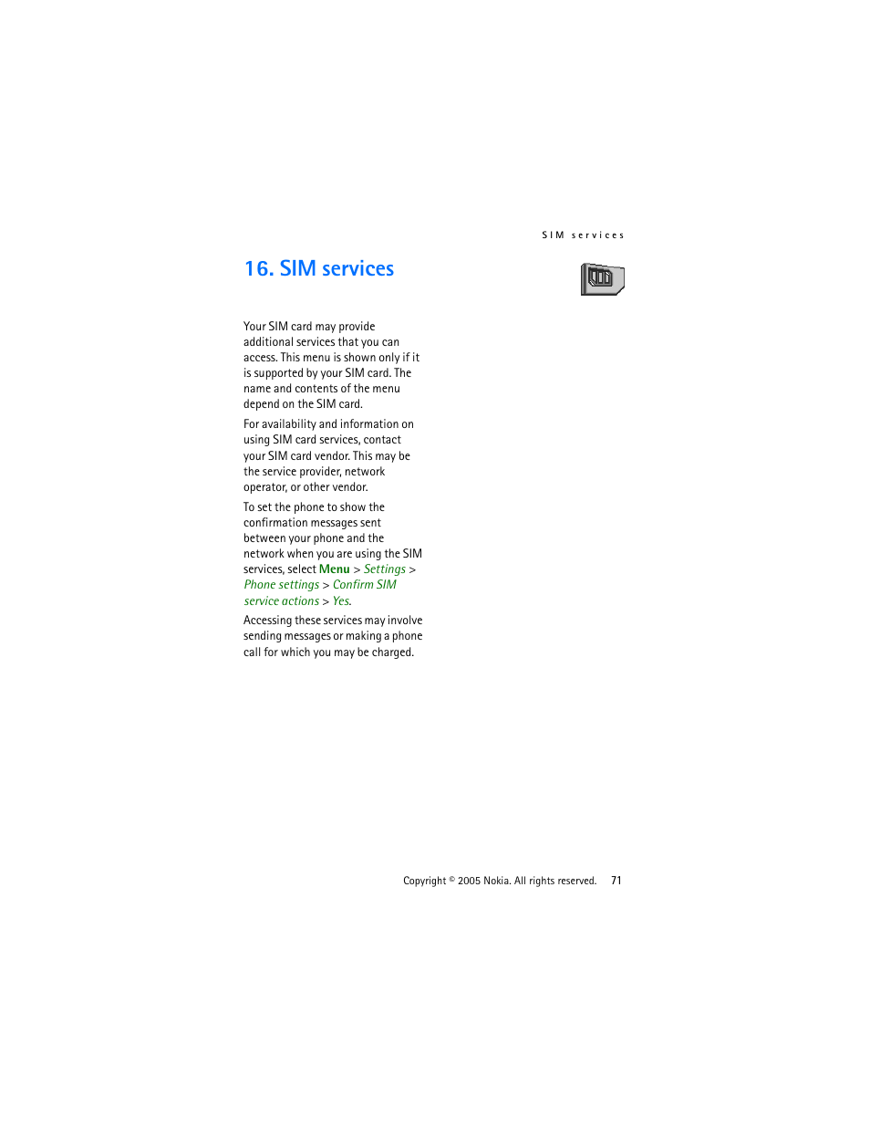 Sim services | Nokia 3220 User Manual | Page 71 / 87