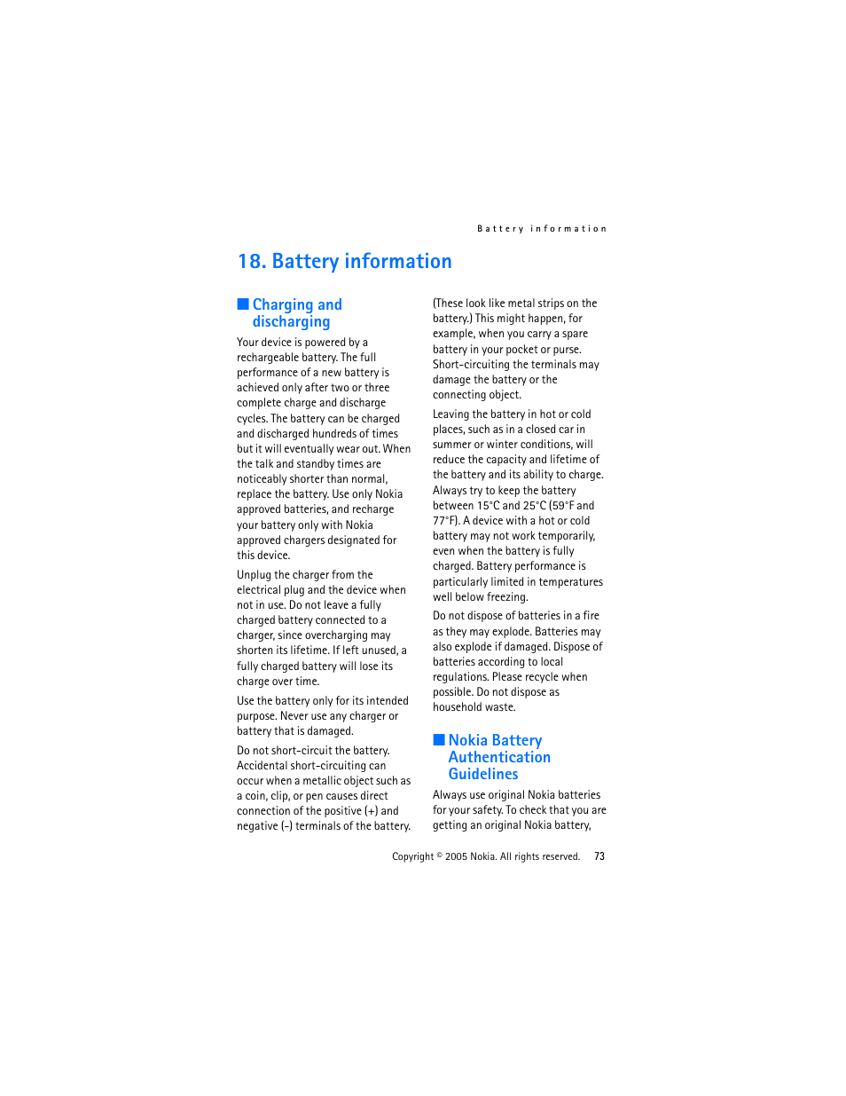 Battery information, Charging and discharging, Nokia battery authentication guidelines | Nokia 3220 User Manual | Page 73 / 87