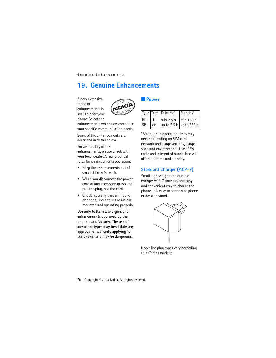 Genuine enhancements, Power, Standard charger (acp-7) | Nokia 3220 User Manual | Page 76 / 87