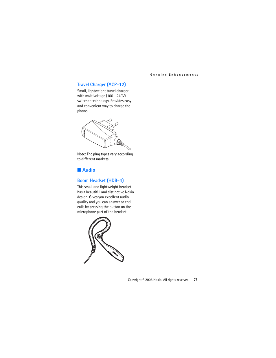 Travel charger (acp-12), Audio, Boom headset (hdb-4) | Nokia 3220 User Manual | Page 77 / 87