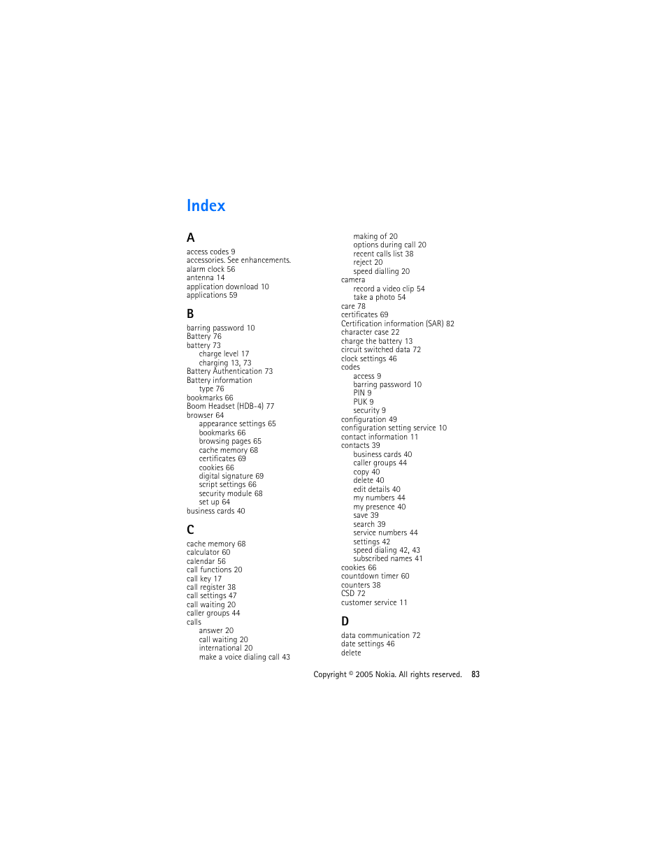 Index | Nokia 3220 User Manual | Page 83 / 87