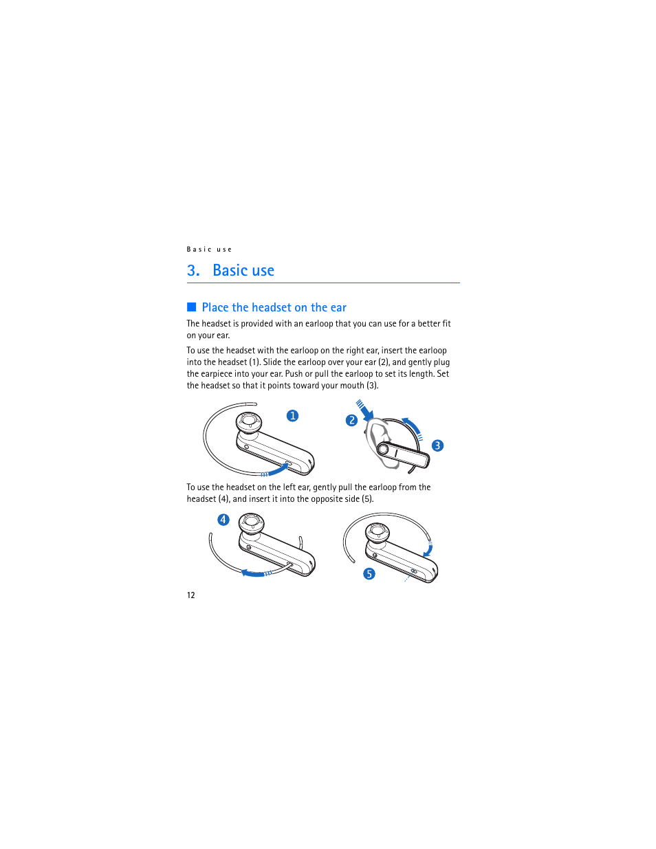 Basic use, Place the headset on the ear | Nokia BH-702 User Manual | Page 12 / 17