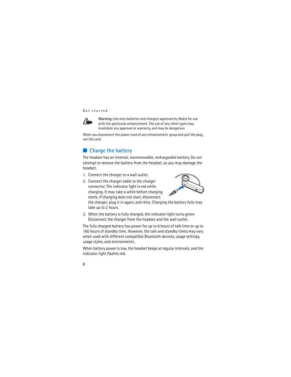 Charge the battery | Nokia BH-702 User Manual | Page 8 / 17
