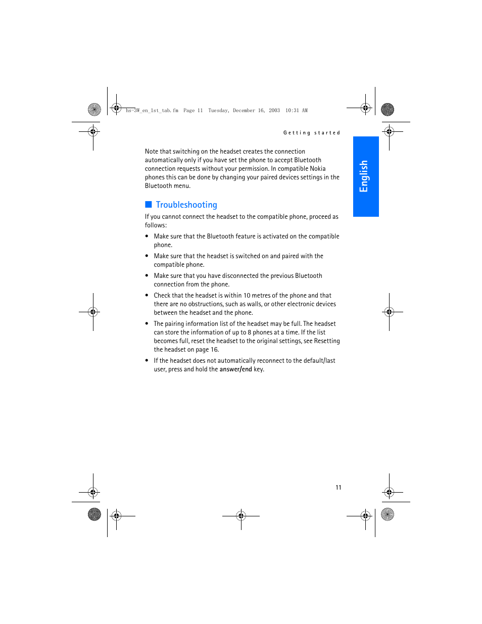 English, Troubleshooting | Nokia HS-3W User Manual | Page 11 / 18