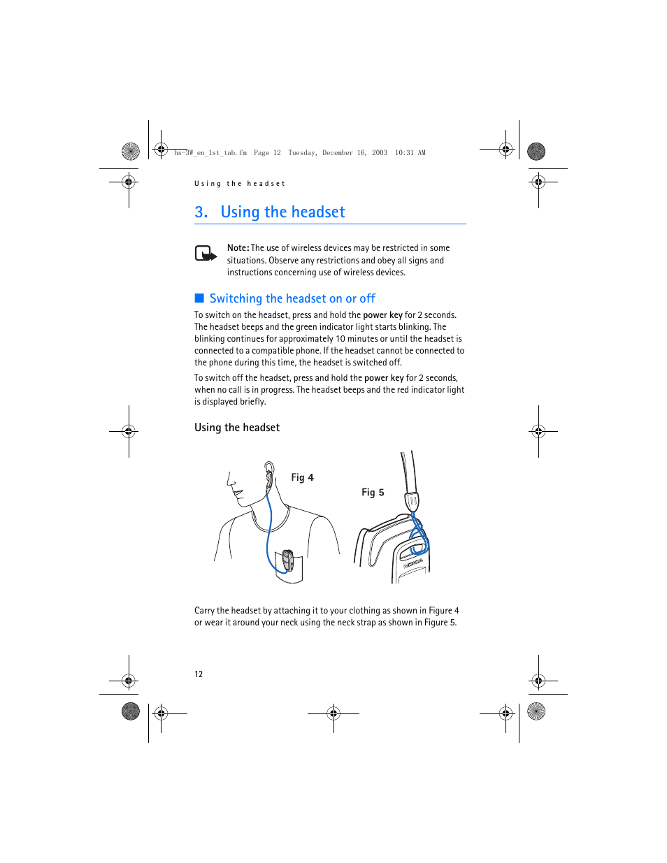 Using the headset | Nokia HS-3W User Manual | Page 12 / 18