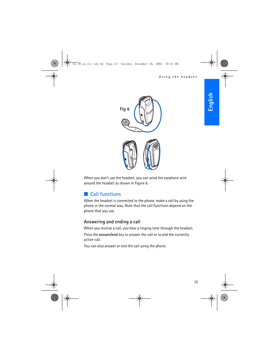 English, Call functions | Nokia HS-3W User Manual | Page 13 / 18