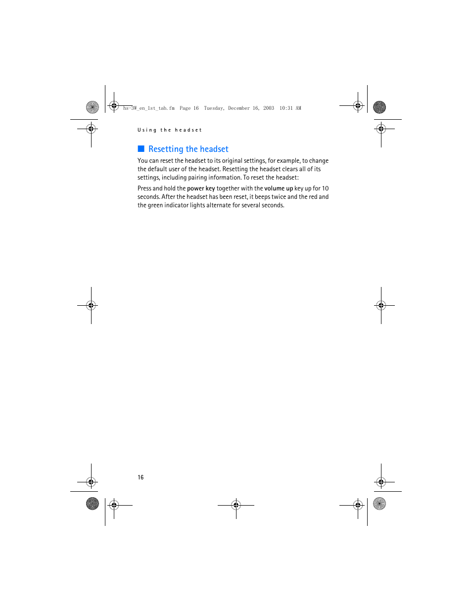 Resetting the headset | Nokia HS-3W User Manual | Page 16 / 18