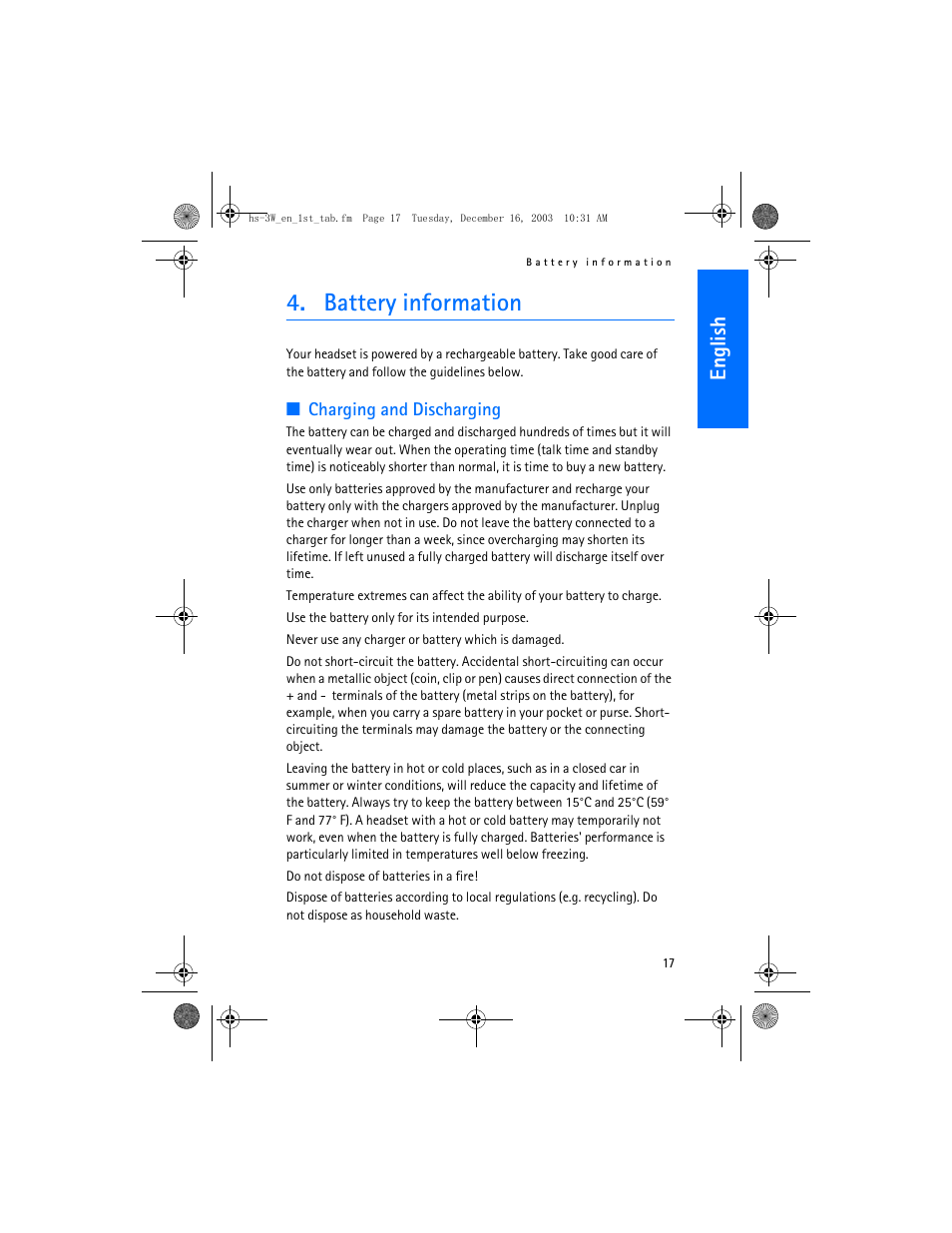 Battery information, English | Nokia HS-3W User Manual | Page 17 / 18