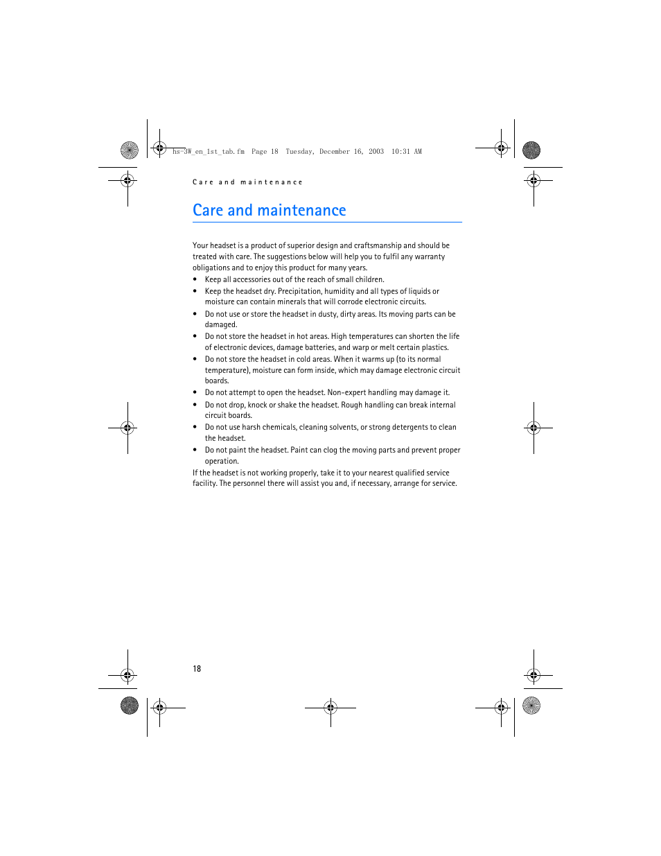 Care and maintenance | Nokia HS-3W User Manual | Page 18 / 18