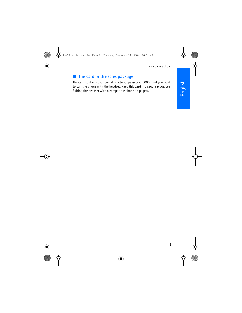 English, The card in the sales package | Nokia HS-3W User Manual | Page 5 / 18