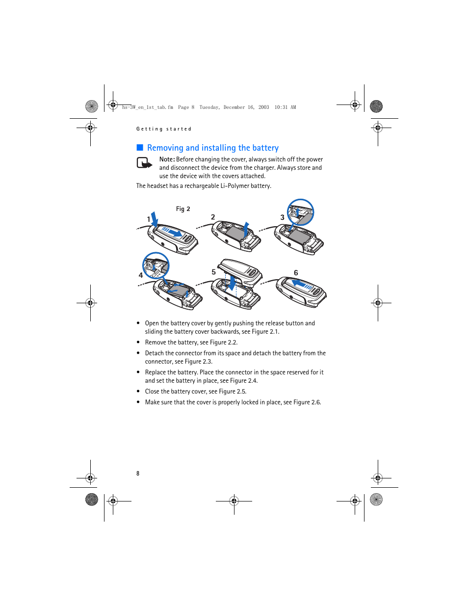 Removing and installing the battery | Nokia HS-3W User Manual | Page 8 / 18