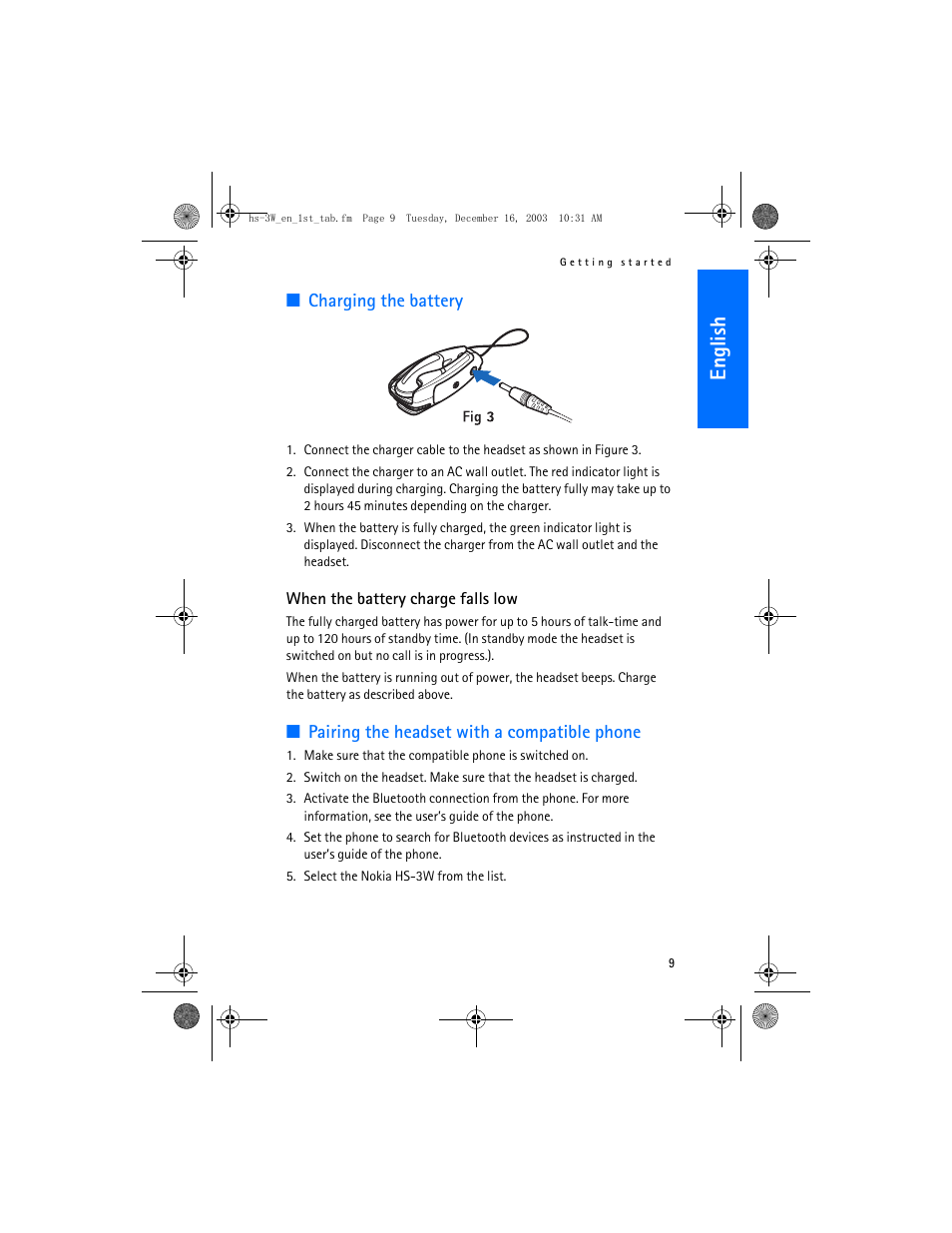 English, Charging the battery, Pairing the headset with a compatible phone | Nokia HS-3W User Manual | Page 9 / 18