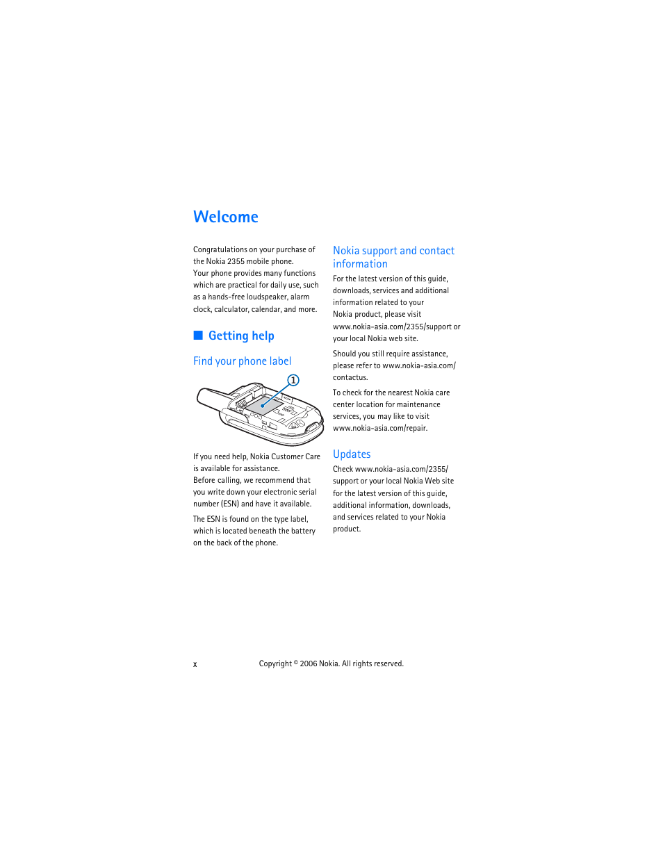 Welcome, Getting help, Find your phone label | Nokia support and contact information, Updates | Nokia 2355 User Manual | Page 10 / 89