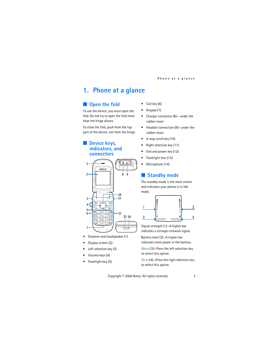 Phone at a glance, Open the fold, Device keys, indicators, and connectors | Standby mode | Nokia 2355 User Manual | Page 11 / 89