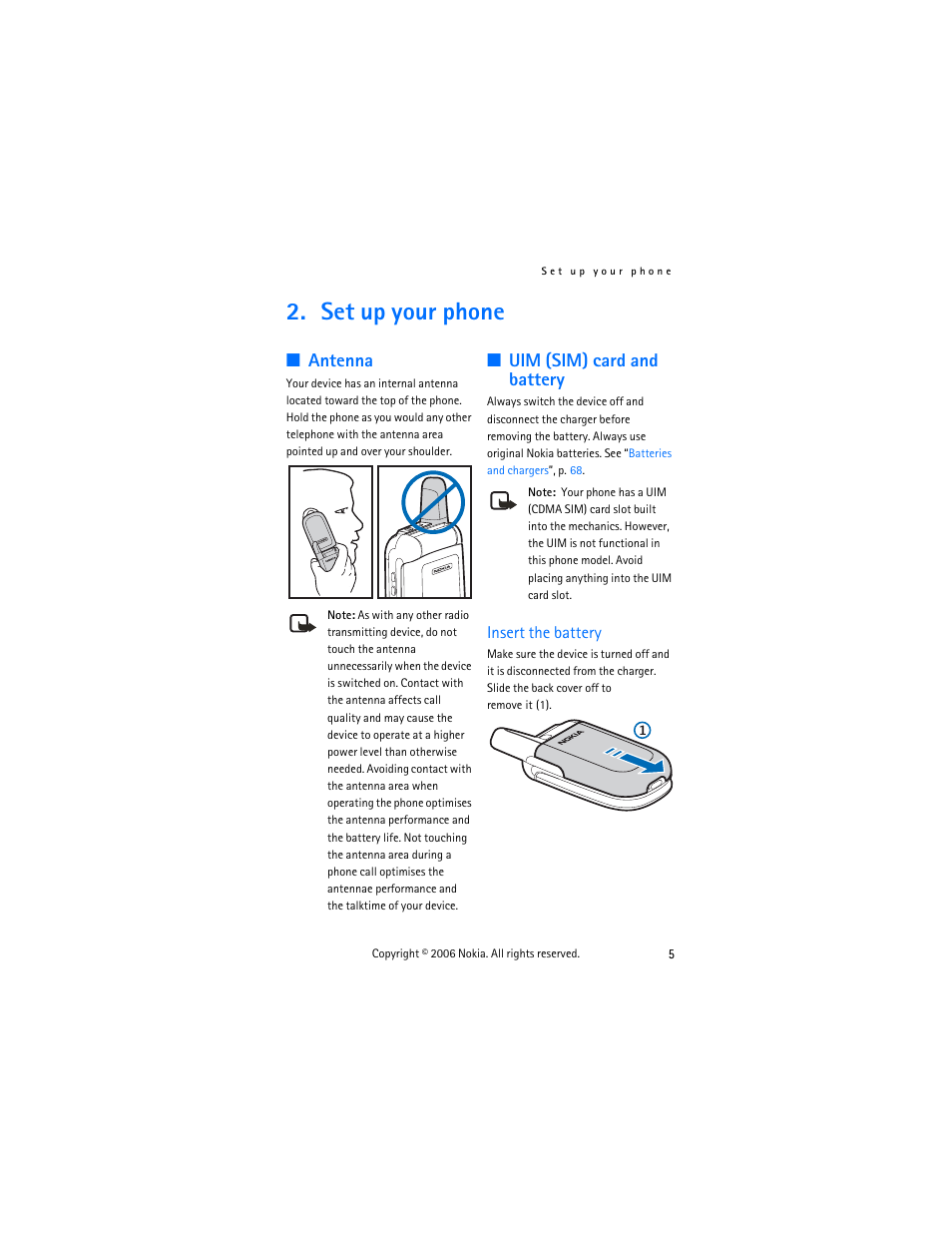 Set up your phone, Antenna, Uim (sim) card and battery | Insert the battery, Antenna uim (sim) card and battery | Nokia 2355 User Manual | Page 15 / 89