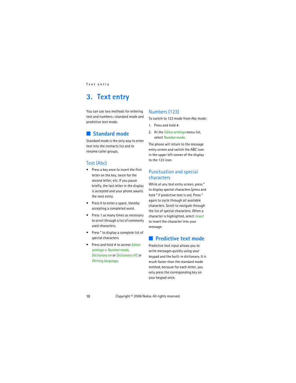 Text entry, Standard mode, Text (abc) | Numbers (123), Punctuation and special characters, Predictive text mode | Nokia 2355 User Manual | Page 20 / 89