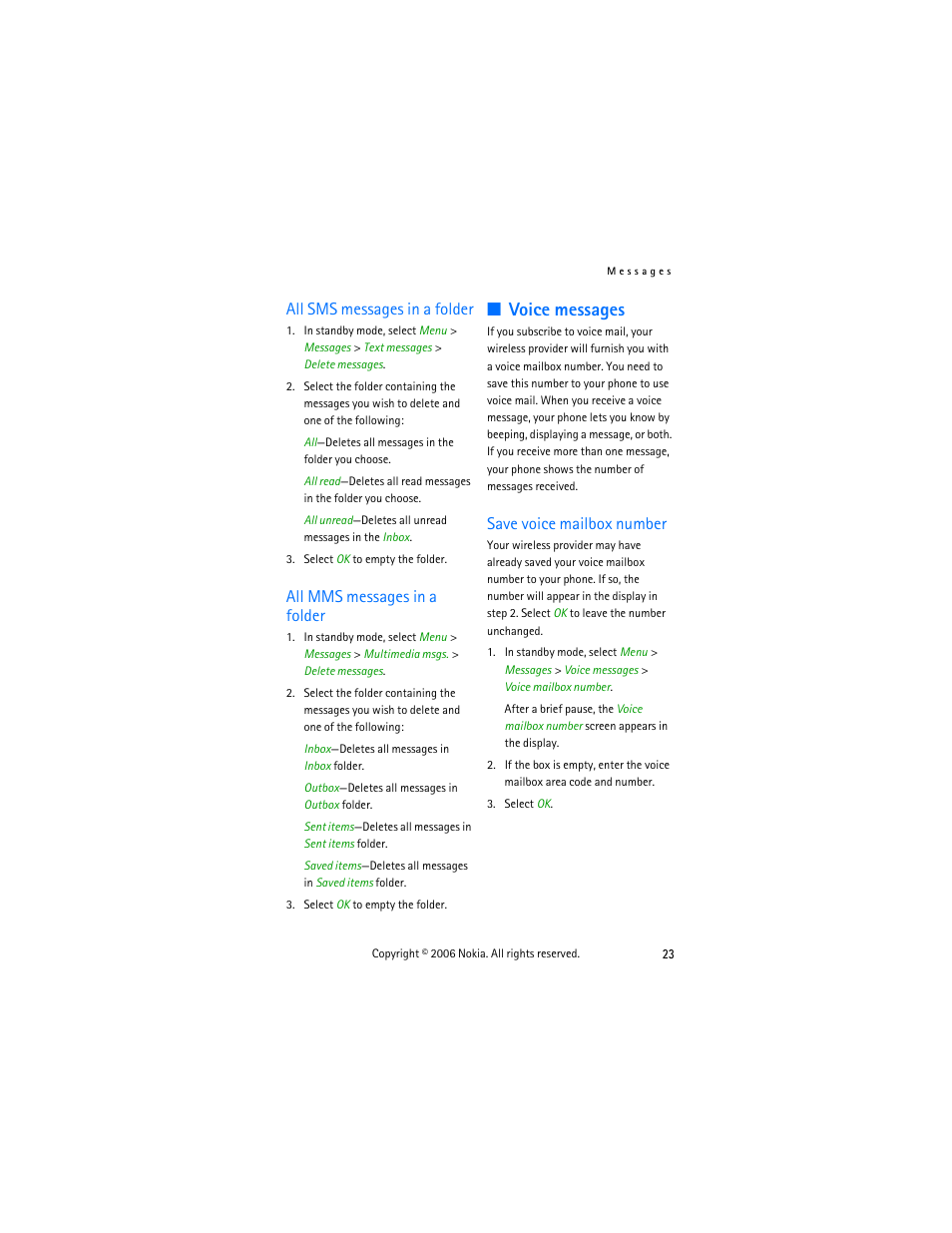 All sms messages in a folder, All mms messages in a folder, Voice messages | Save voice mailbox number | Nokia 2355 User Manual | Page 33 / 89