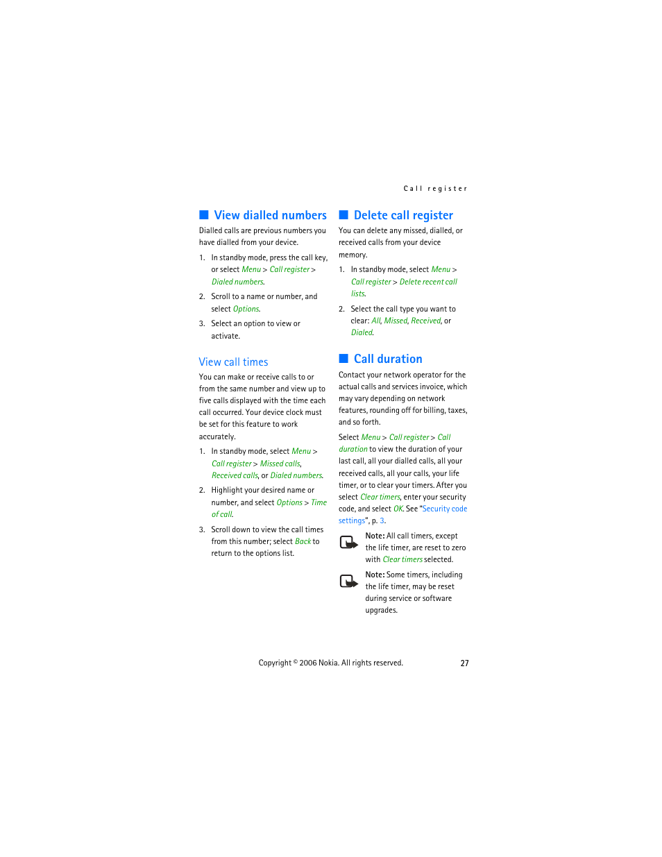 View dialled numbers, View call times, Deleting call register | Call duration, Delete call register call duration, Delete call register | Nokia 2355 User Manual | Page 37 / 89