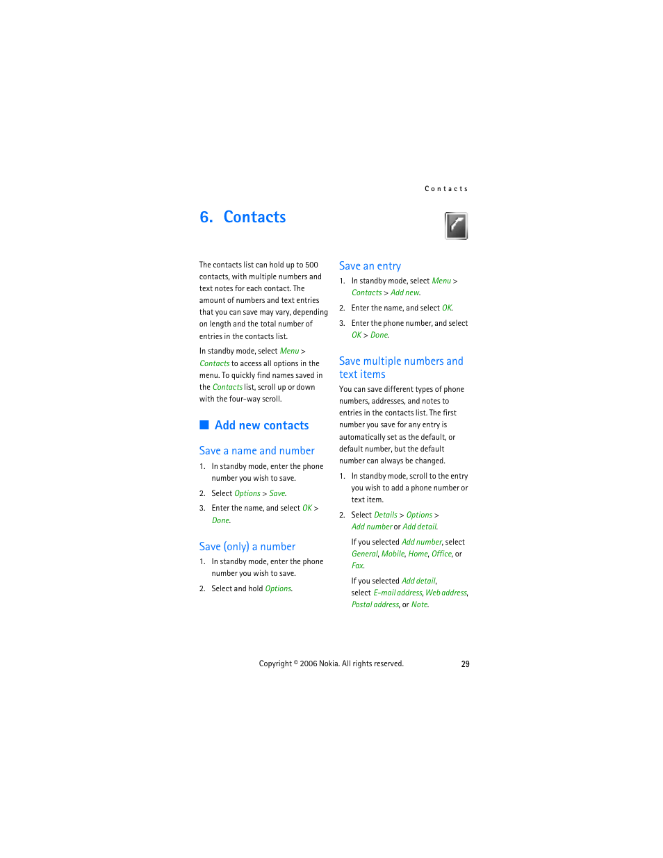 Contacts, Add new contacts, Save a name and number | Save (only) a number, Save an entry, Save multiple numbers and text items | Nokia 2355 User Manual | Page 39 / 89