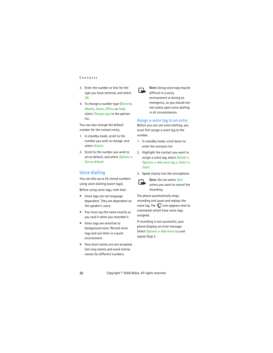 Voice dialling, Assign a voice tag to an entry | Nokia 2355 User Manual | Page 40 / 89