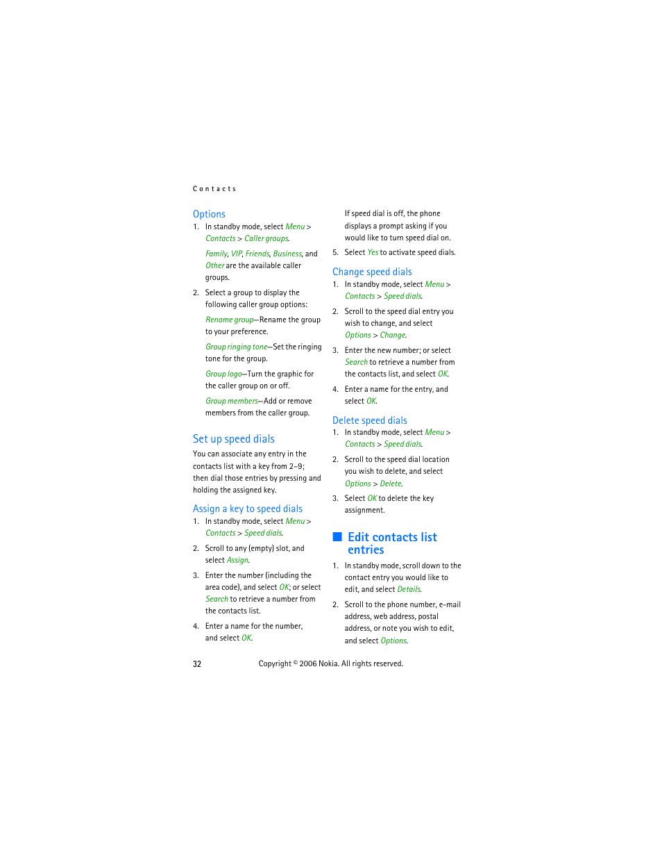 Options, Set up speed dials, Assign a key to speed dials | Change speed dials, Delete speed dials, Edit contacts list entries | Nokia 2355 User Manual | Page 42 / 89