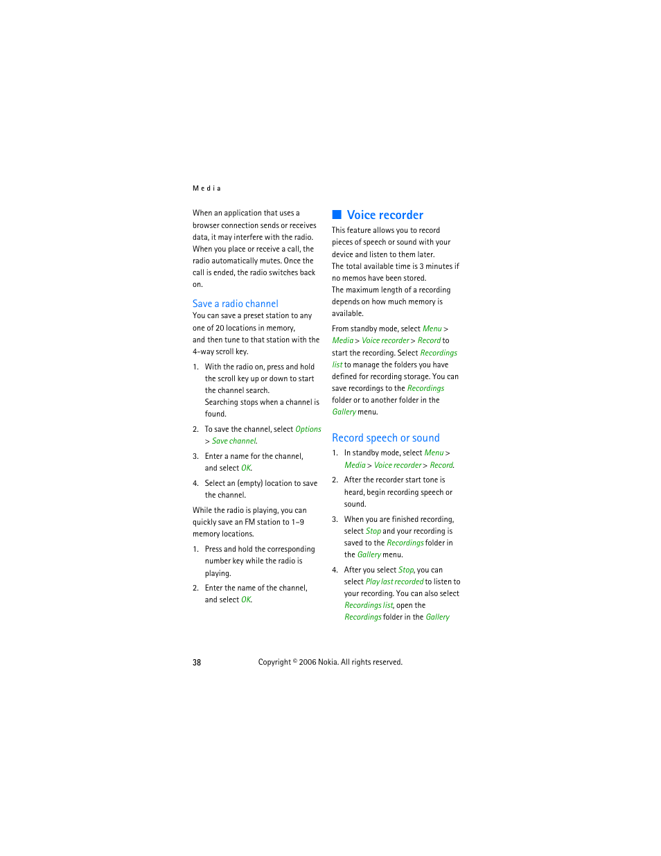 Save a radio channel, Voice recorder, Record speech or sound | Nokia 2355 User Manual | Page 48 / 89