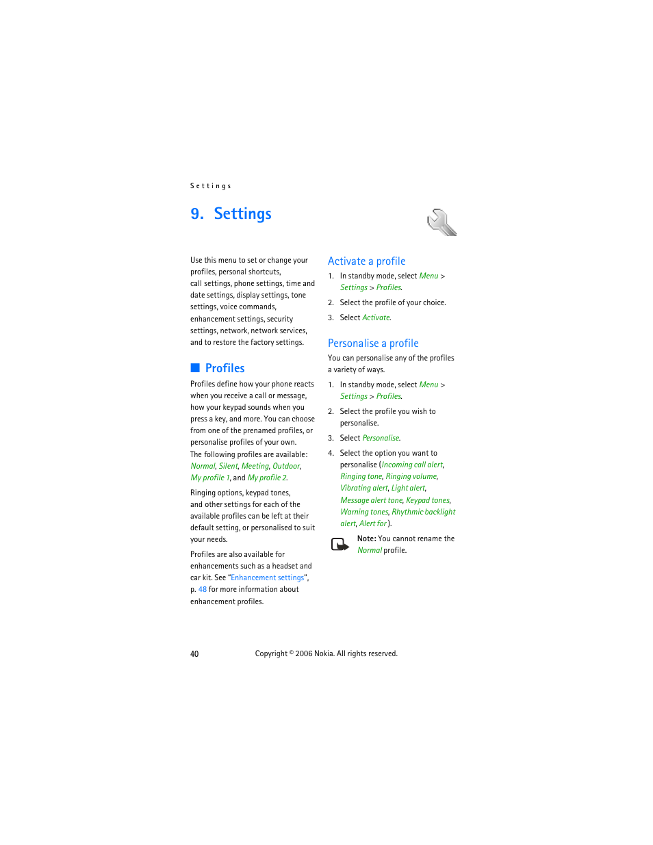 Settings, Profiles, Activate a profile | Personalise a profile, Activate a profile personalise a profile, Ofile. see, Personalise a, Profile | Nokia 2355 User Manual | Page 50 / 89