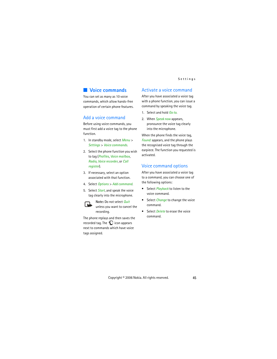 Voice commands, Add a voice command, Activate a voice command | Voice command options | Nokia 2355 User Manual | Page 55 / 89