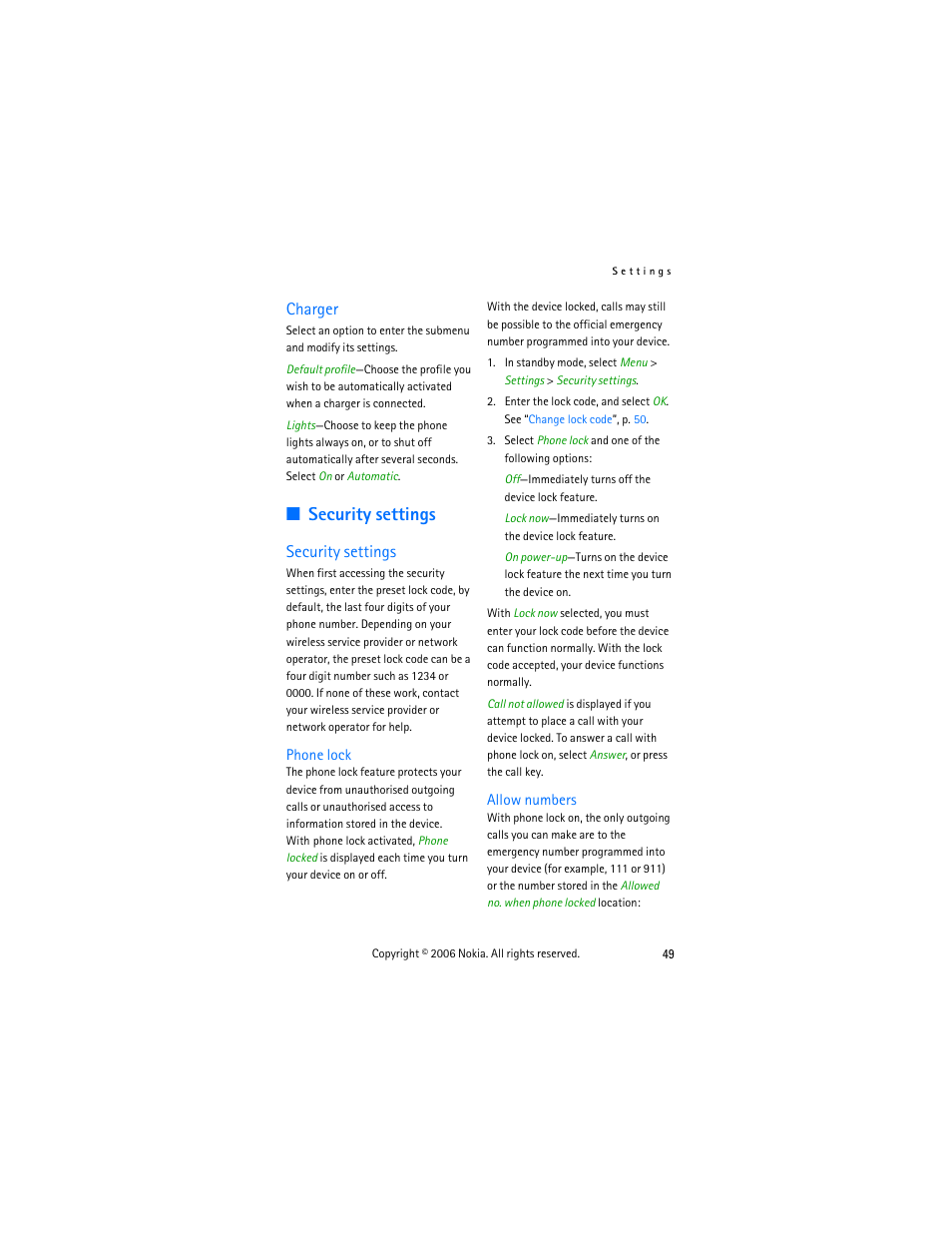 Charger, Security settings, Phone lock | Allow numbers, Security, Settings | Nokia 2355 User Manual | Page 59 / 89