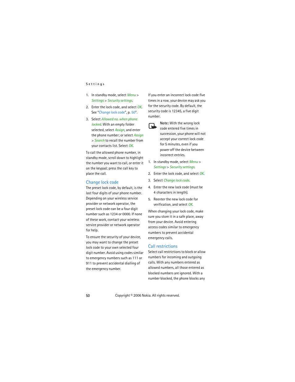 Change lock code, Call restrictions | Nokia 2355 User Manual | Page 60 / 89