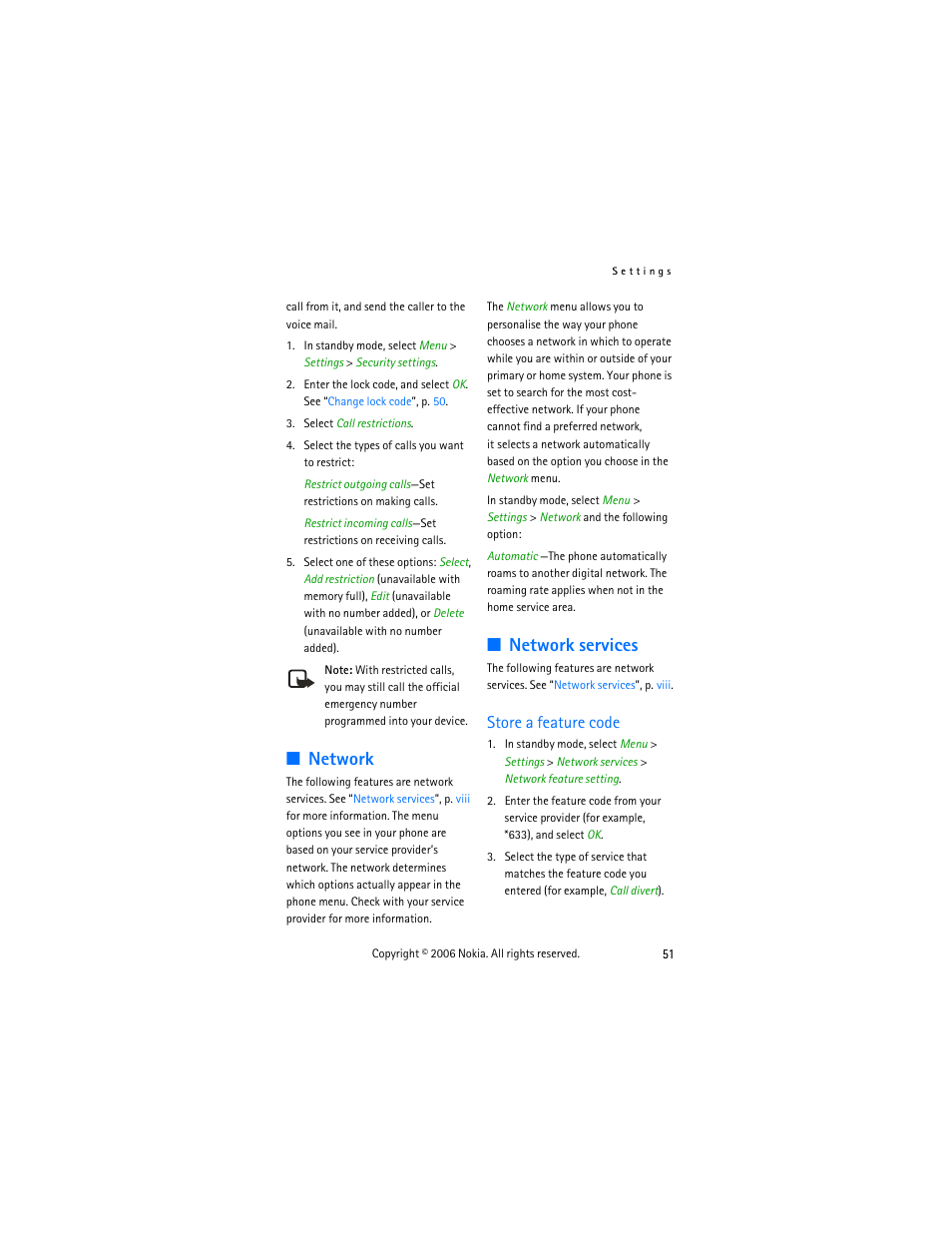 Network, Network services, Store a feature code | Network network services | Nokia 2355 User Manual | Page 61 / 89