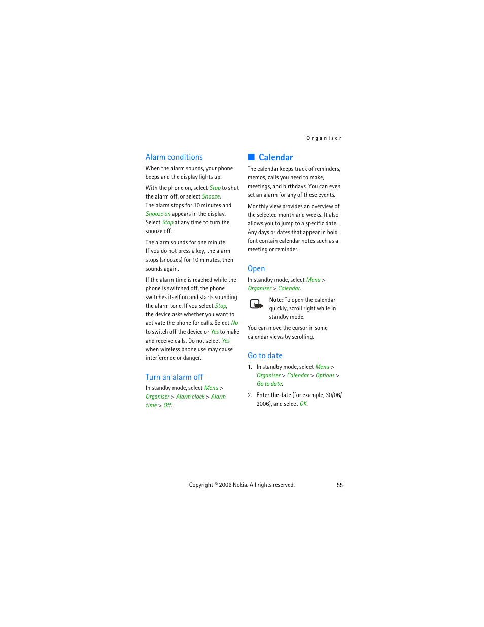Alarm conditions, Turn an alarm off, Calendar | Open, Go to date, Alarm conditions turn an alarm off, Open go to date | Nokia 2355 User Manual | Page 65 / 89