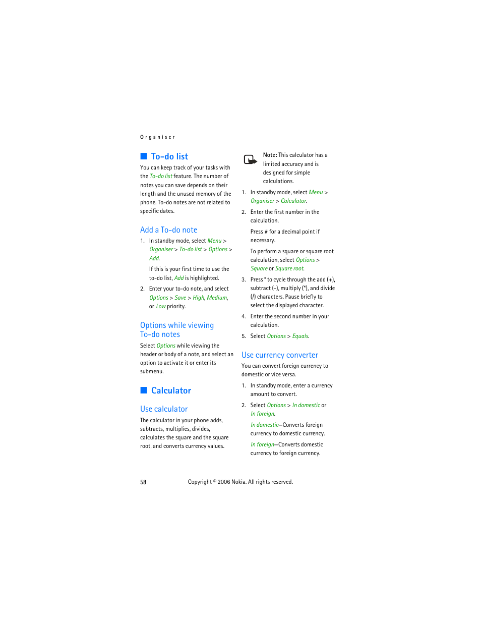 To-do list, Add a to-do note, Options while viewing todo notes | Calculator, Use calculator, Use currency converter, Add a to-do note options while viewing to-do notes, Use calculator use currency converter | Nokia 2355 User Manual | Page 68 / 89