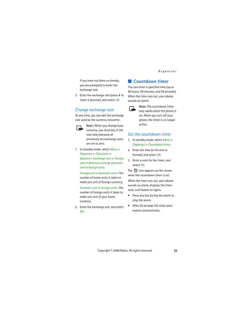 Change exchange rate, Countdown timer, Set the countdown timer | Nokia 2355 User Manual | Page 69 / 89