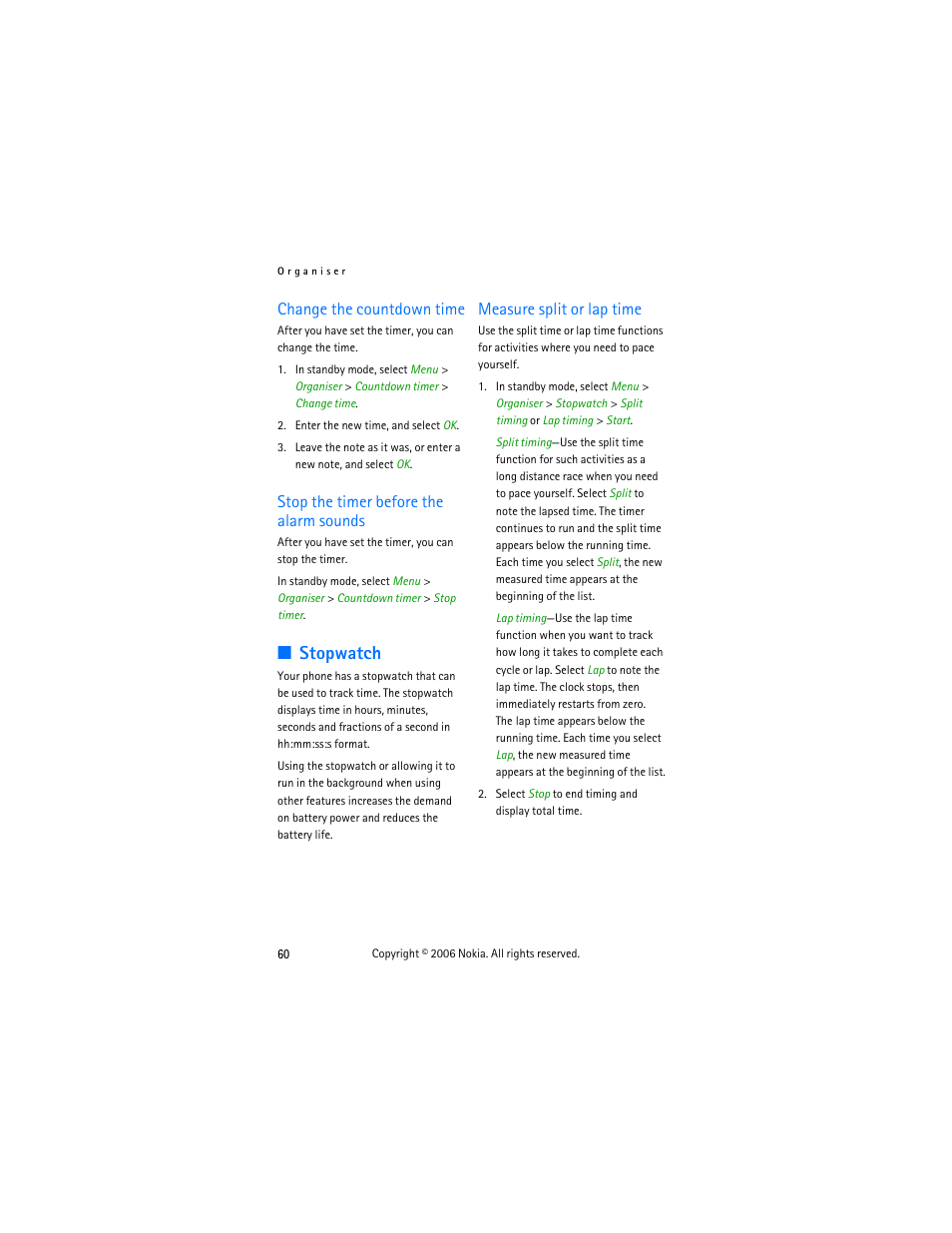 Change the countdown time, Stop the timer before the alarm sounds, Stopwatch | Measure split or lap time, Ground. see | Nokia 2355 User Manual | Page 70 / 89