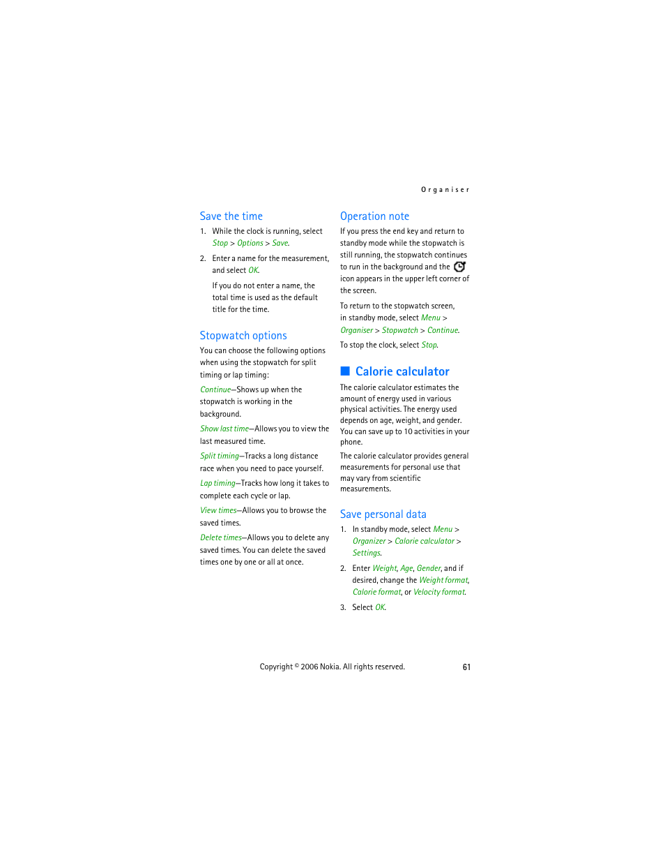 Save the time, Stopwatch options, Operation note | Calorie calculator, Save personal data | Nokia 2355 User Manual | Page 71 / 89