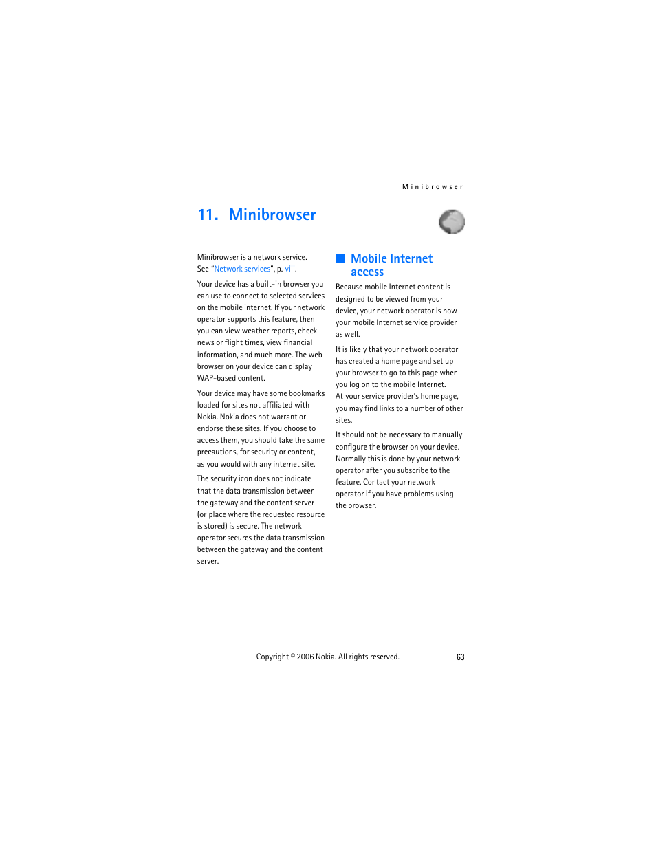 Minibrowser, Mobile internet access | Nokia 2355 User Manual | Page 73 / 89