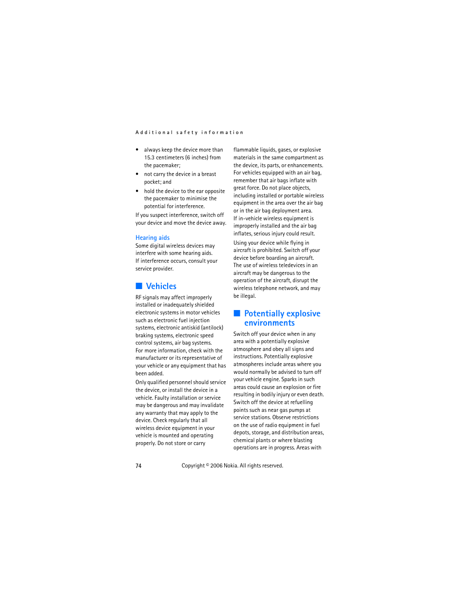 Vehicles potentially explosive environments.74, Vehicles, Potentially explosive environments | Nokia 2355 User Manual | Page 84 / 89