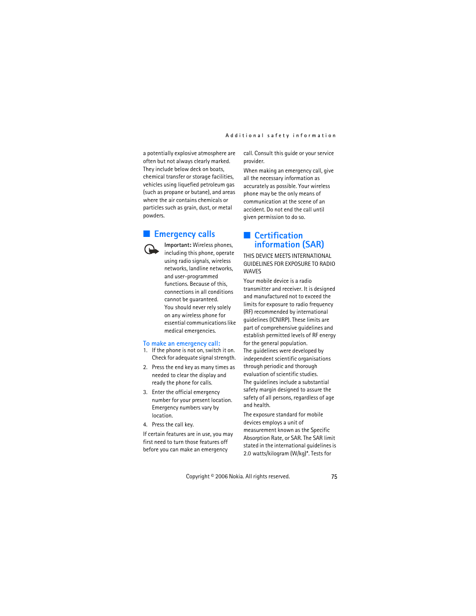 Emergency calls certification information (sar), Emergency calls, Certification information (sar) | Nokia 2355 User Manual | Page 85 / 89