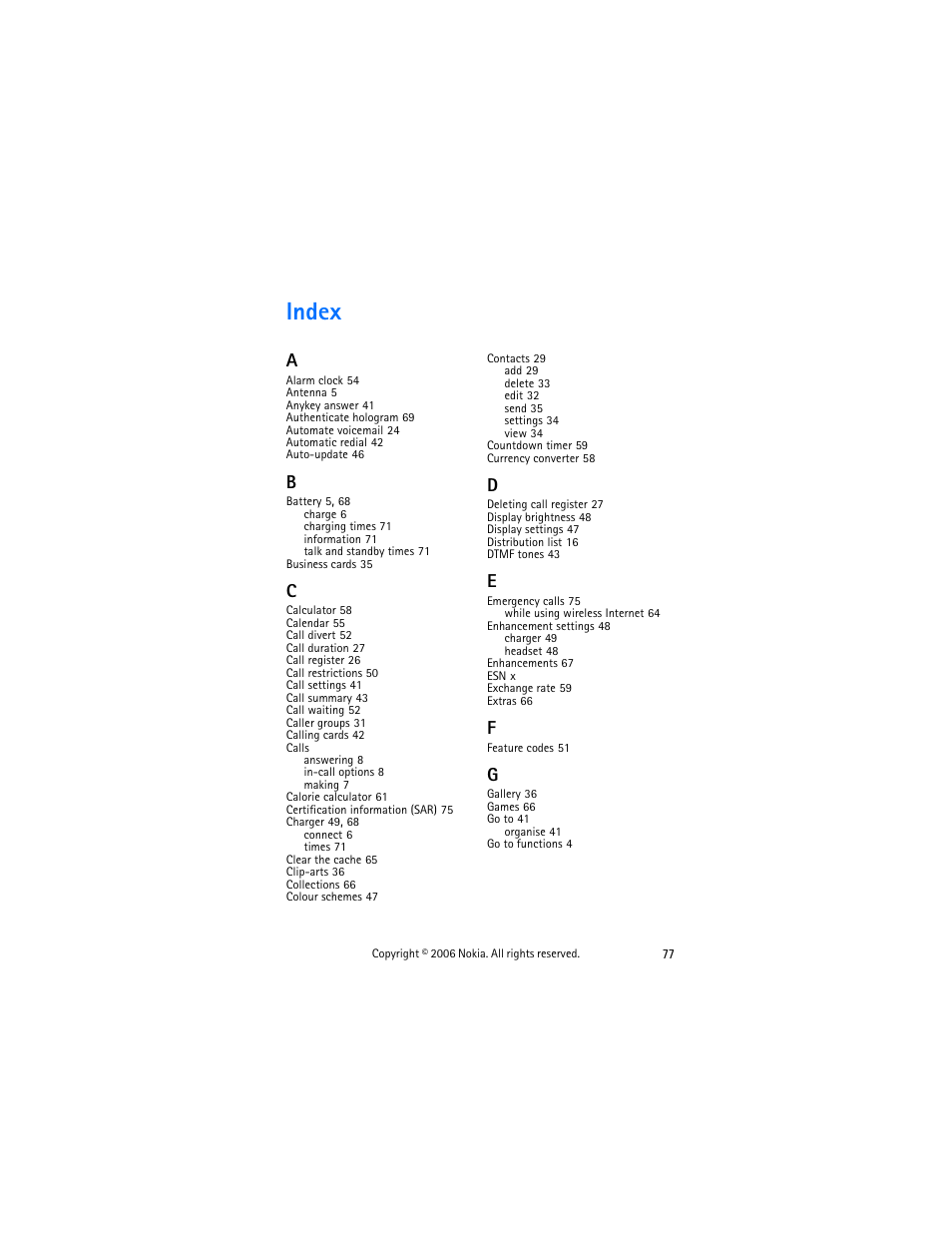 Index | Nokia 2355 User Manual | Page 87 / 89